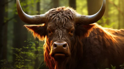 Majestic Bull Portrait in Sunlit Forest