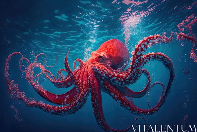 Red Octopus Swimming in the Ocean - Captivating Underwater Art AI Image