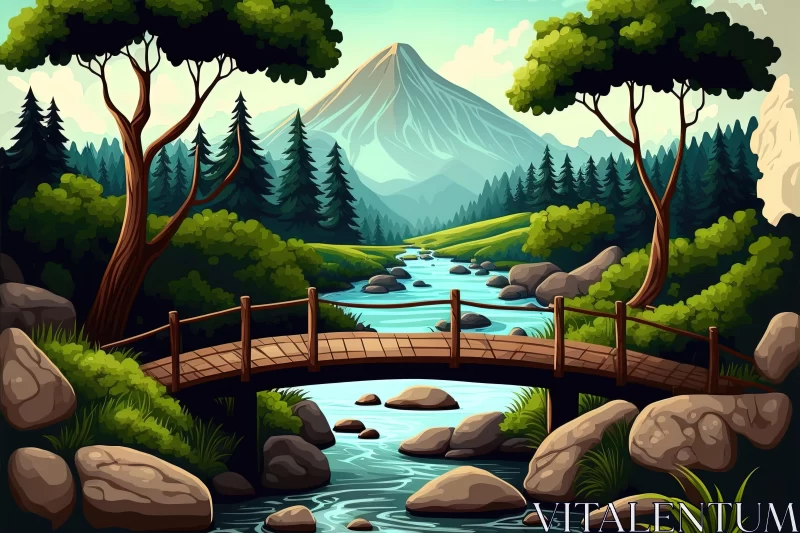 Wooden Bridge Over Lake | Cartoon Style Landscape Art AI Image
