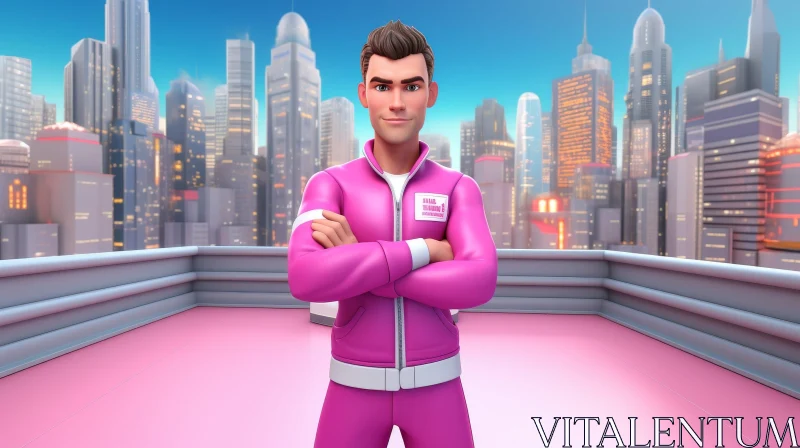 AI ART Confident young man in pink tracksuit on futuristic city rooftop