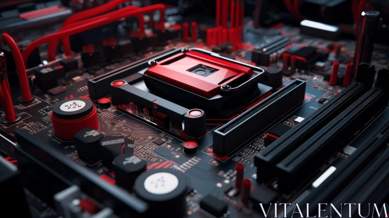 Detailed Close-up of Black and Red Computer Motherboard AI Image