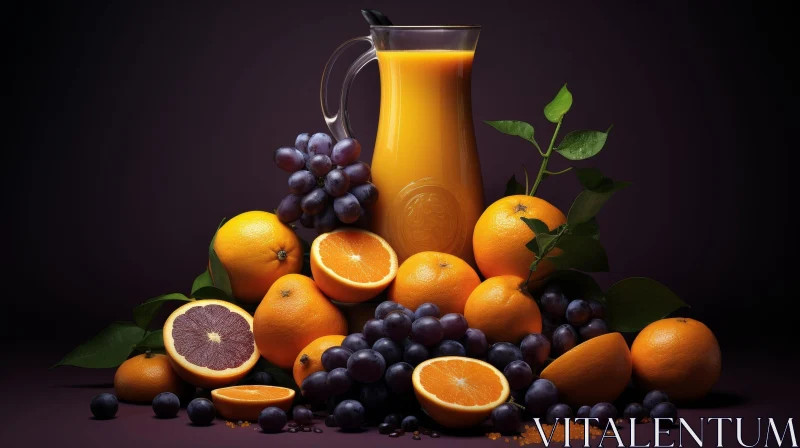 Pitcher of Orange Juice with Oranges and Grapes AI Image