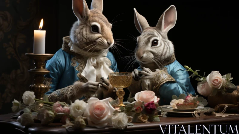 Enchanting Scene: Rabbits in Human Attire Enjoying Wine AI Image