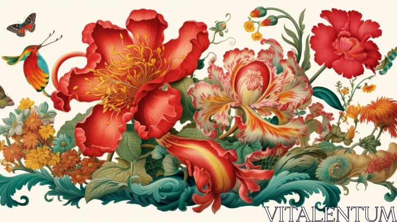 Exquisite Botanical Illustration of Colorful Flowers AI Image