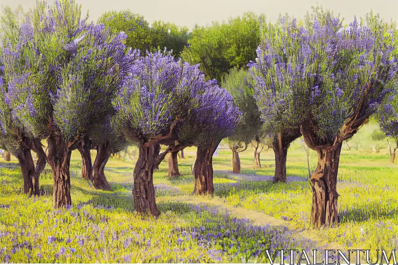 Serene Nature Painting: Lavender Trees and Flowers AI Image