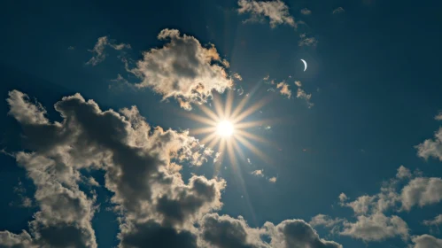 Sun and Crescent Moon in Daytime Sky