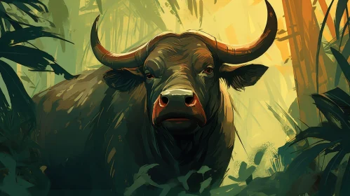 Water Buffalo Digital Painting in Green Jungle