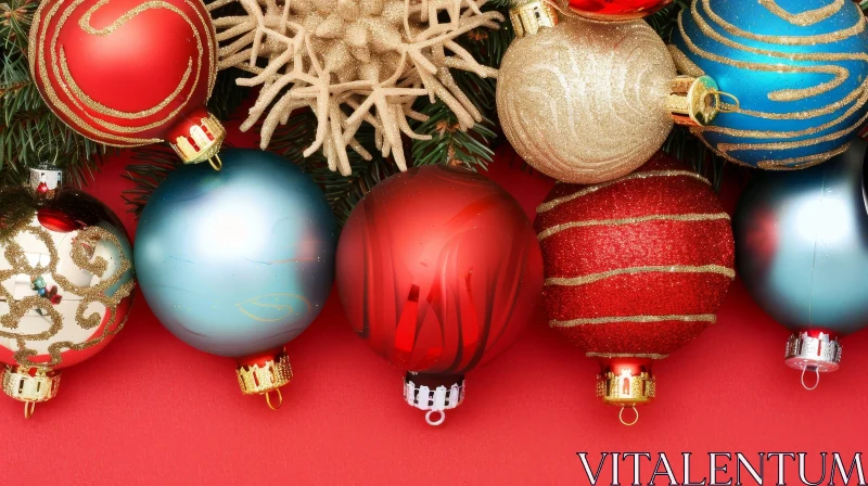 Christmas Ornaments on Red Background - Festive Decorations AI Image