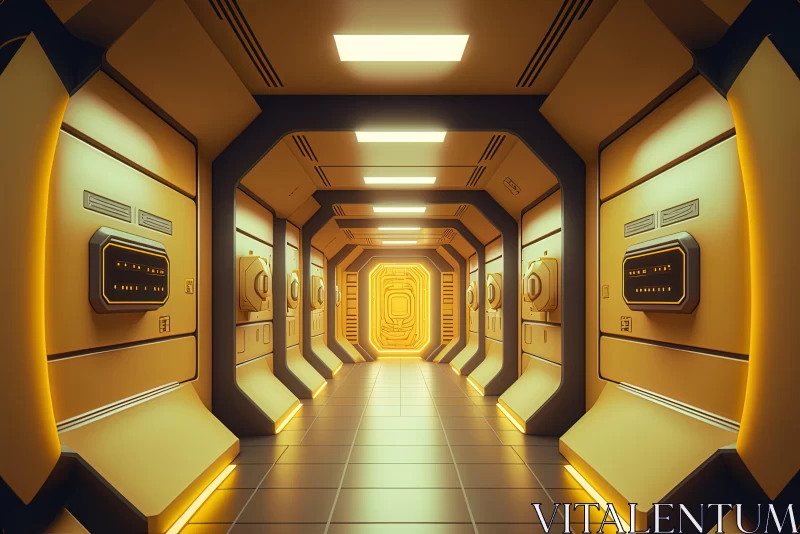 Enchanting Space Corridor with Yellow Doors | Futuristic Spacecraft Design AI Image