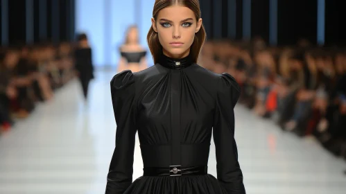Fashion Model in Black Dress on Runway