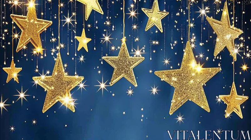 AI ART Gold Stars on Dark Blue Background - Festive Holiday Image