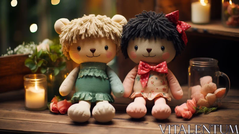 Handmade Dolls on Wooden Table with Forest Background AI Image