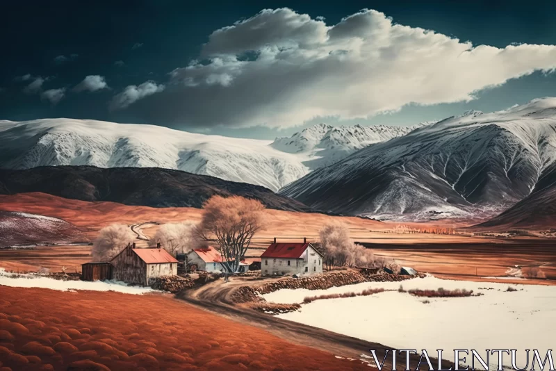 Isolated House near Majestic Snow-Capped Mountains: A Nostalgic Landscape AI Image