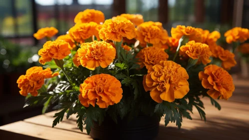 Orange Marigold Flower Pot on Wooden Table