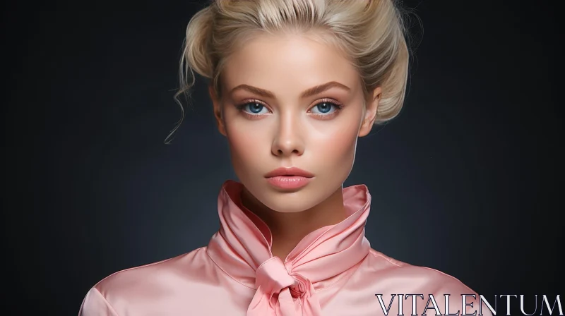 Serious Blonde Woman Portrait in Pink Blouse AI Image