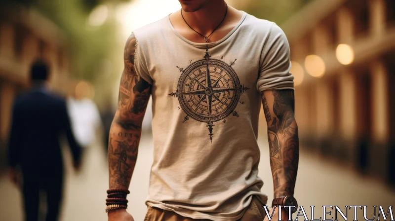 Serious Young Man with Tattoos in Urban Setting AI Image