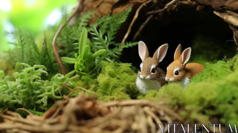 AI ART Adorable Wild Rabbits in Tree Trunk