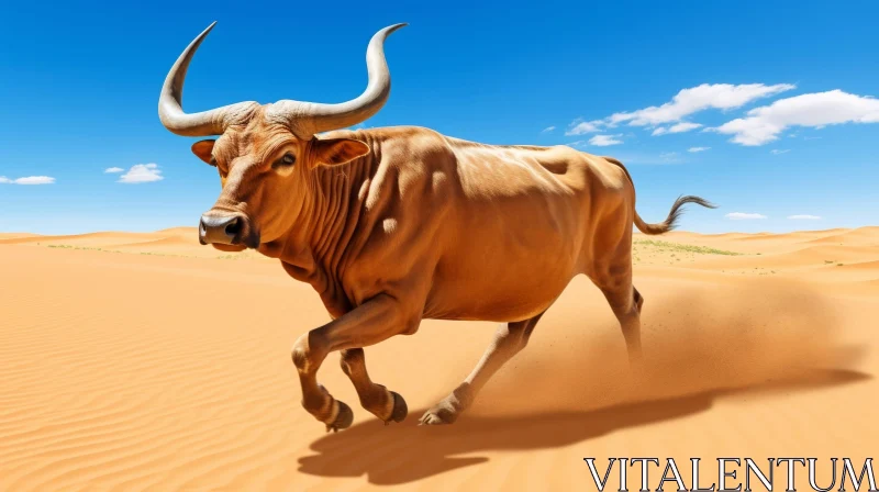 Brown Bull Running in Desert - Powerful Wildlife Scene AI Image