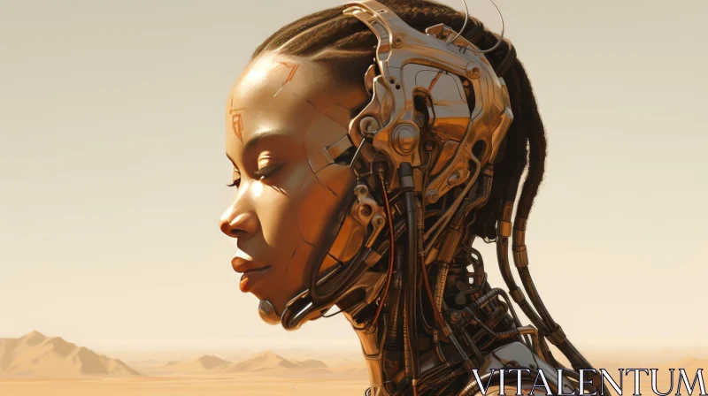 Futuristic Cyborg Woman Portrait in Desert Landscape AI Image