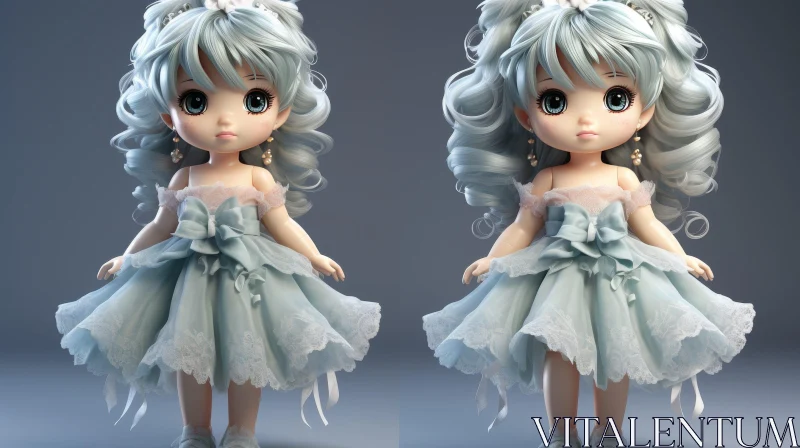AI ART Mint-Haired Doll in Blue Dress | 3D Rendering