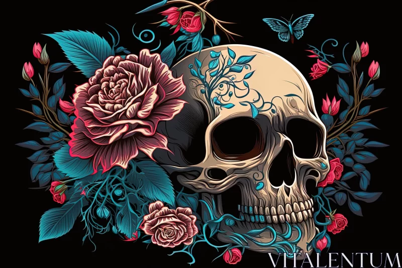 Mysterious Skull and Roses Art | Hyper-Detailed Illustration AI Image