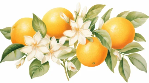 Orange Tree Branch with Ripe Fruits and White Flowers
