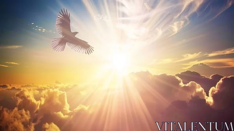 Tranquil Sunset Landscape with Flying Bird AI Image