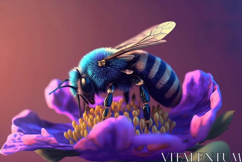 Captivating Bee on Purple Flower - Hyper-Realistic Animal Illustration AI Image