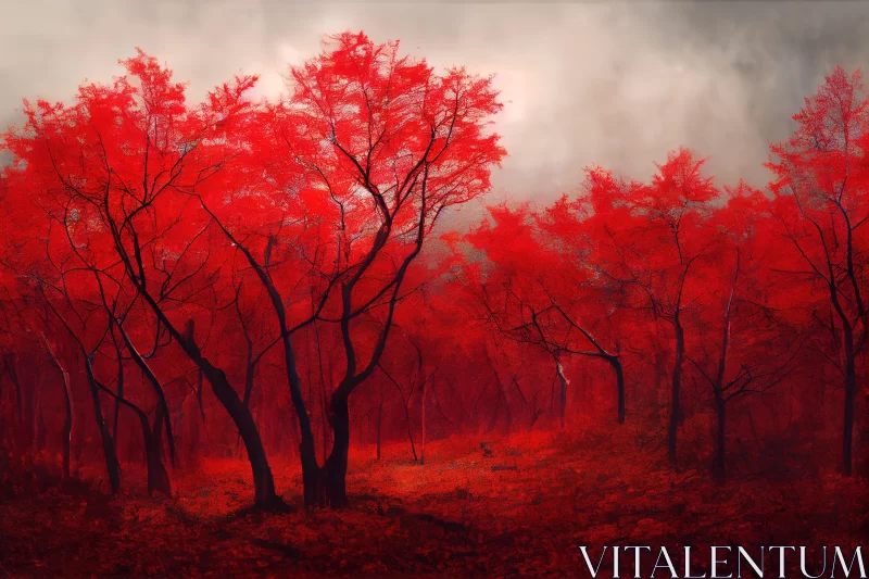 Captivating Red Trees Painting in Tranquil Forest | Traditional Vietnamese Art AI Image
