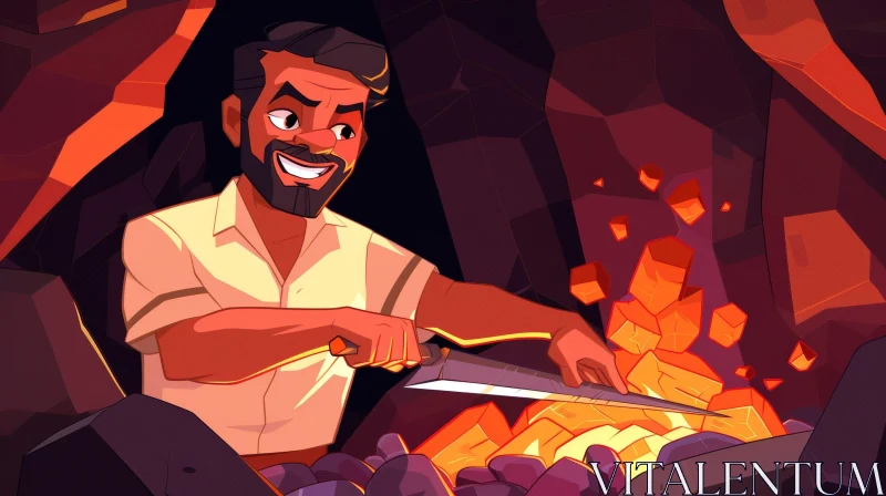 Cheerful Blacksmith Cartoon Cutting Metal in Dark Cave AI Image