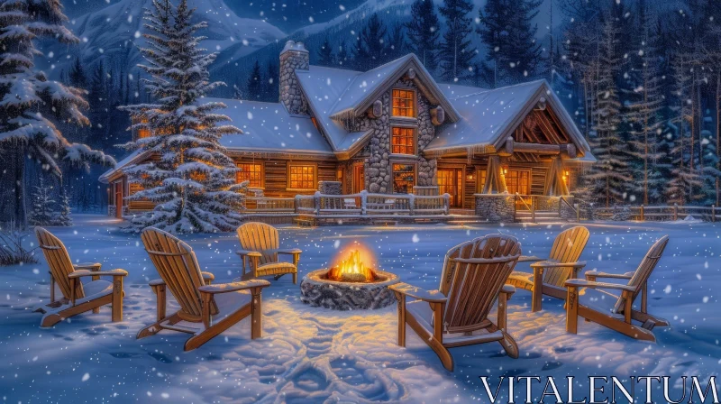 AI ART Snowy Forest Cabin with Stone Fireplace