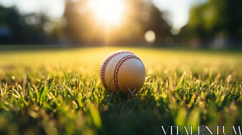 Baseball Close-up at Sunset on Grass AI Image