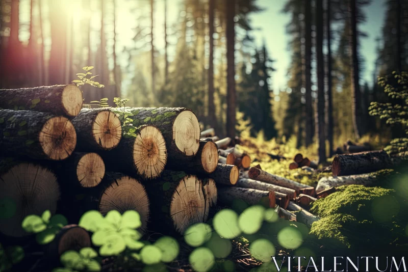 Captivating Forest Scene: Logs, Trees, and Sunlight | Environmental Awareness AI Image