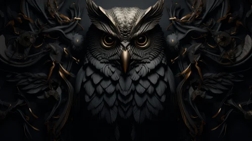 Detailed Black Owl Image with Golden Accents