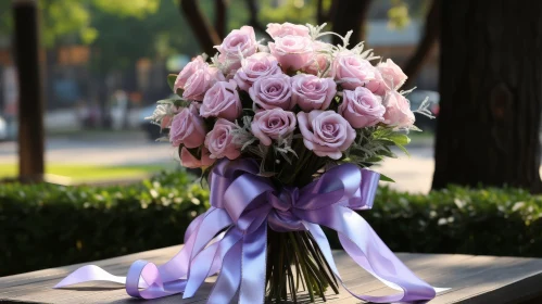 Enchanting Pink Roses Bouquet on Wooden Table Outdoors