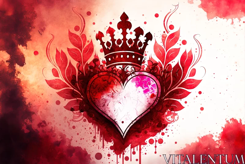 Fantasy-inspired Heart with Crown on Red Splattered Background AI Image
