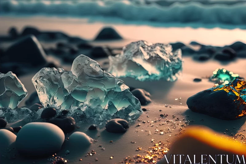 Ice Rocks on Sandy Ground: Photorealistic Fantasies in Amber and Cyan AI Image
