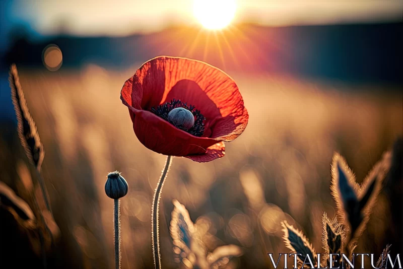 Red Poppy Blooming in Field at Sunset - Naturalistic Beauty AI Image