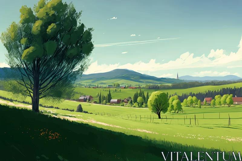 Serene Landscape Painting with House, Trees, and Hills | Digital Painting AI Image