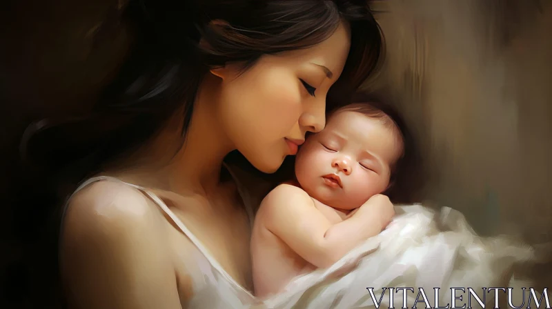 AI ART Tender Moment: Mother and Sleeping Baby Painting