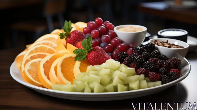 Colorful and Fresh Fruit Plate on Dark Wood Table AI Image