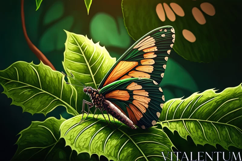 Colorful Butterfly Resting on Green Leaves - Realistic Portrayal AI Image