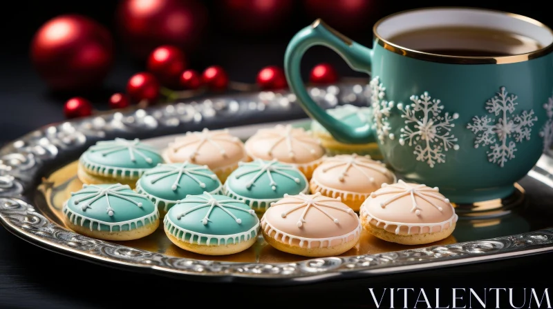 Festive Sugar Cookies and Tea on Silver Tray AI Image