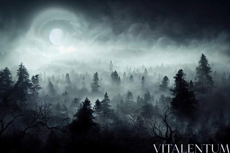 Mysterious Forest at Night | Haunting Landscape with Full Moon AI Image