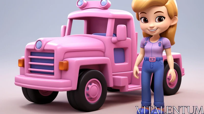 Whimsical 3D Illustration: Pink Truck with Smiling Girl AI Image