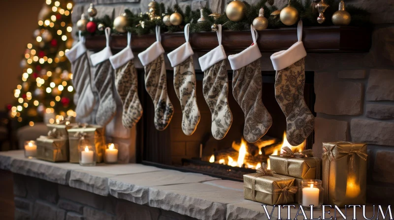 Festive Fireplace with Christmas Stockings and Decor AI Image