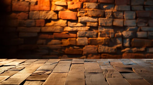 Rustic Wooden Table on Brick Wall Background