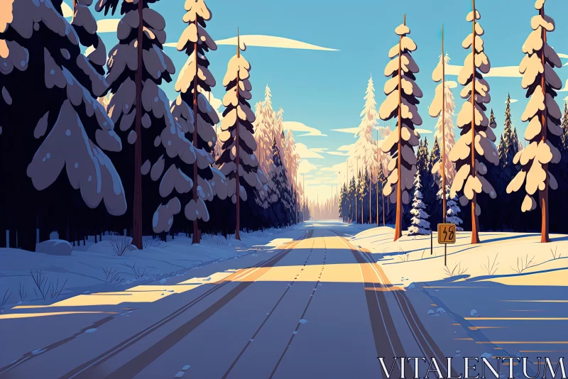 Snowy Road in Peaceful Woodland - Detailed Character Illustrations AI Image