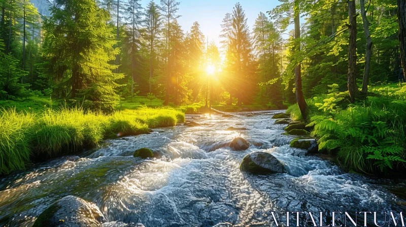 Tranquil Mountain River Landscape in Forest AI Image