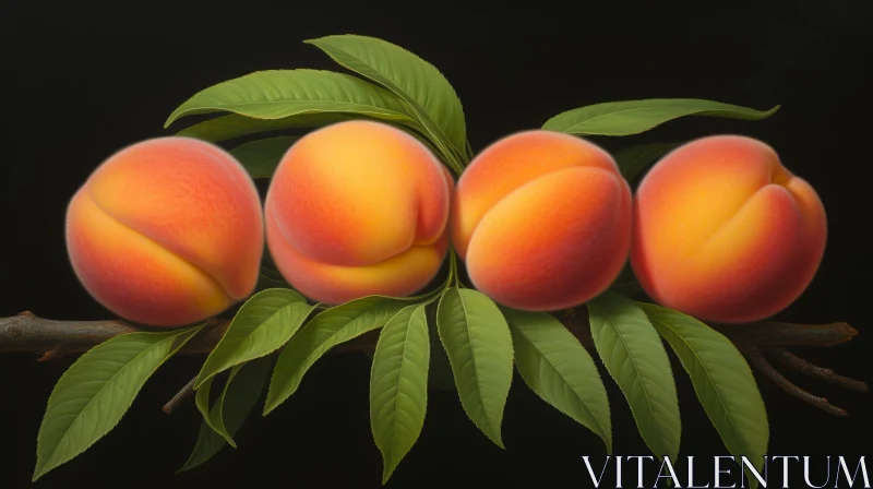 AI ART Ripe Peaches on Branch with Green Leaves - Still Life Photo